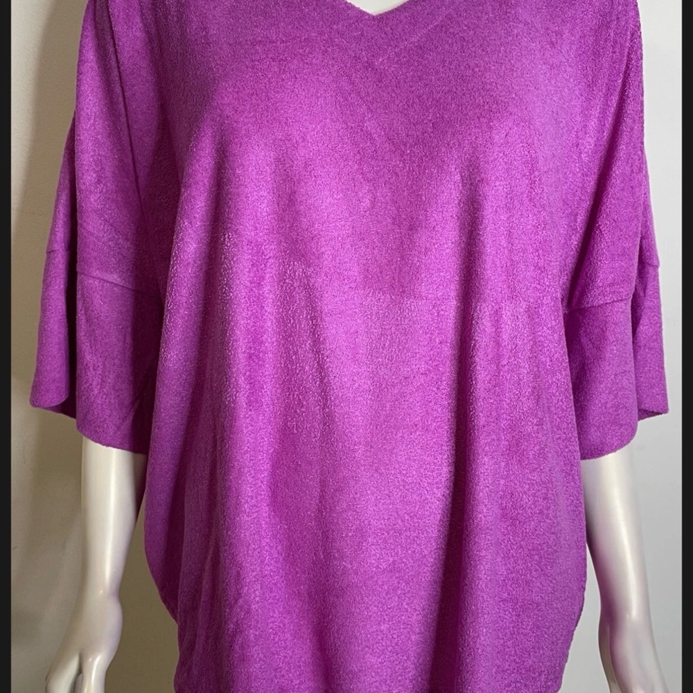 N Natori Pink Plum Terry Lounge Top L NWT Boxy Roomy SS V Neck